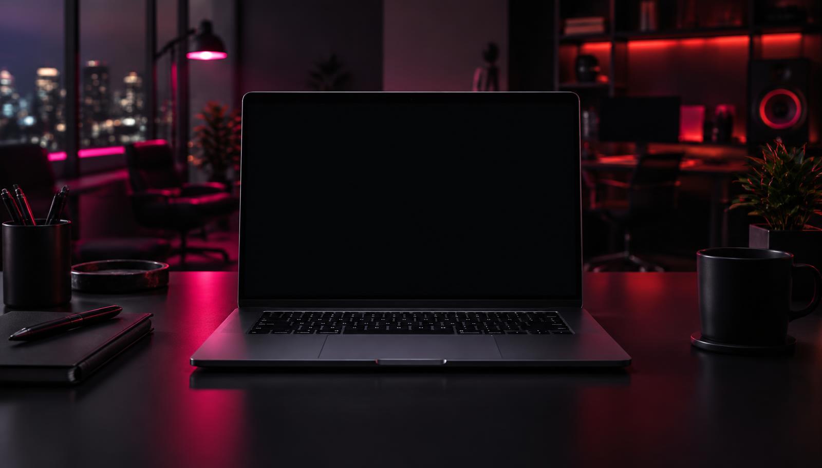 A laptop on a desk in the Facedown Digital studio